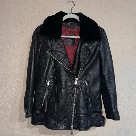 All Saints | Womens Maizie Shearling-Collar Leather Biker Jacket Size: Medium - Picture 2 of 13